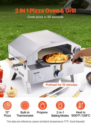 Outdoor Pizza Oven, 13 in Gas Fired Pizza-Maker, Portable Outside Gas Oven with Thickened Cordierite Pizza-Stone, and Built-in Thermometer, Pizza or Grill Two Modes, for Camping & Backyard