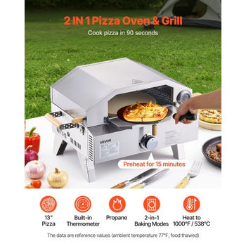 Outdoor Pizza Oven, 13 in Gas Fired Pizza-Maker, Portable Outside Gas Oven with Thickened Cordierite Pizza-Stone, and Built-in Thermometer, Pizza or Grill Two Modes, for Camping & Backyard