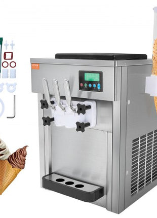 Commercial Ice Cream Machine, 21 QT/H Yield, 1800W 3-Flavor Countertop Soft Serve Ice Cream Maker, 2 x 4L Hopper 2 x 1.8L Cylinder, LCD Panel Auto Clean Pre-cooling, for Restaurant Snack Bar