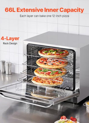 Commercial Countertop Oven, 66L 4-Tier Toaster Ovens with Tempered Glass Door, Wire Racks & Tray, 2800W Stainless Steel Baking Ovens for Restaurant Bakery (AC208~240V,60Hz, 6-20P Plug & Output)