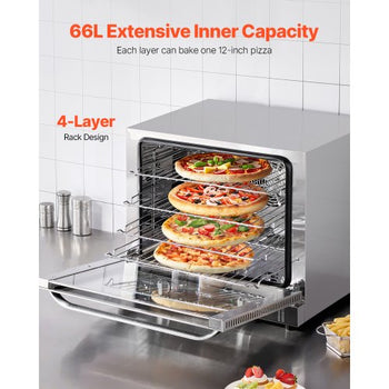 Commercial Countertop Oven, 66L 4-Tier Toaster Ovens with Tempered Glass Door, Wire Racks & Tray, 2800W Stainless Steel Baking Ovens for Restaurant Bakery (AC208~240V,60Hz, 6-20P Plug & Output)