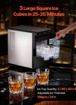 Countertop Ice Maker, 22 lbs per Day, Self-Cleaning Portable Machine with Tong, Drawer-Style Ice Access, Ice-Making Machine with Large Square Cubes, for Home, Kitchen, Office, Bar & Party