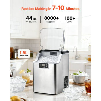 Countertop Ice Maker, 44 lbs per Day, Self-Cleaning Portable Machine with Scoop, 4 lbs Ice-Storage Basket, Nugget Ice-Making Machine with Chewable Ices for Home, Kitchen, Office, Bar & Party