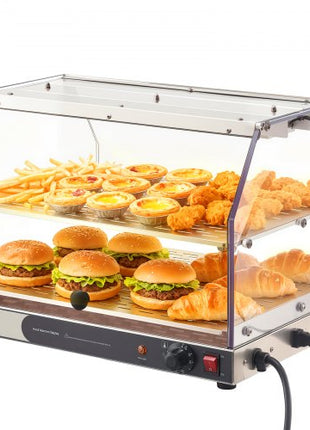 2-Tier Commercial Food Warmer Display, 450W Food Display Warmer with Light, Detachable Shelves and Double-Sided Door Design, 85?~185? Air Heating, 48L for Hamburger, Pizza, Bread, Fried Chicken