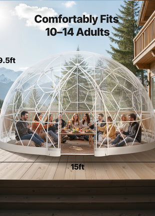 Garden Dome Igloo, 15 x 9.5 ft Outdoor Clear Bubble Tent for 10-14 Person, Weatherproof Geodesic Dome Greenhouse  with Window, PVC Igloo Tent for Backyard Patios Camping Party Wedding