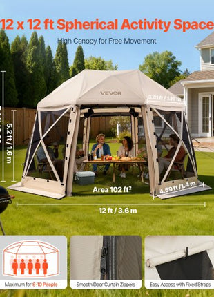 Pop up Gazebo Screen Tent, 12 x 12 ft, 13-Sided Spherical Camping Canopy Tent with Removable Top & Carry Bag, Quick-Set & Bite-Proof, Screen House Sun Shelter for 8-10 Persons, Beige