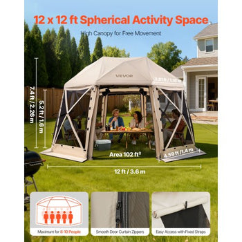 Pop up Gazebo Screen Tent, 12 x 12 ft, 13-Sided Spherical Camping Canopy Tent with Removable Top & Carry Bag, Quick-Set & Bite-Proof, Screen House Sun Shelter for 8-10 Persons, Beige