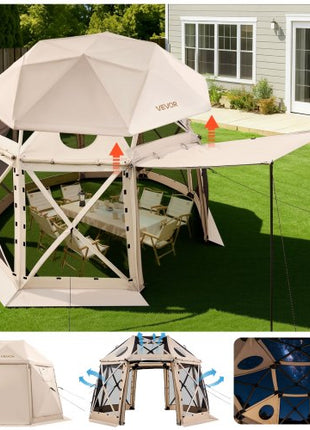 Pop up Gazebo Screen Tent, 12 x 12 ft, 13-Sided Spherical Camping Canopy Tent with Removable Top & Carry Bag, Quick-Set & Bite-Proof, Screen House Sun Shelter for 8-10 Persons, Beige