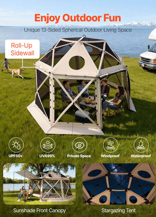 Pop up Gazebo Screen Tent, 12 x 12 ft, 13-Sided Spherical Camping Canopy Tent with Removable Top & Carry Bag, Quick-Set & Bite-Proof, Screen House Sun Shelter for 8-10 Persons, Beige