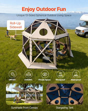 Pop up Gazebo Screen Tent, 12 x 12 ft, 13-Sided Spherical Camping Canopy Tent with Removable Top & Carry Bag, Quick-Set & Bite-Proof, Screen House Sun Shelter for 8-10 Persons, Beige
