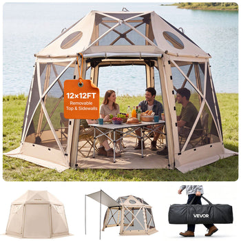 Pop up Gazebo Screen Tent, 12 x 12 ft, 13-Sided Spherical Camping Canopy Tent with Removable Top & Carry Bag, Quick-Set & Bite-Proof, Screen House Sun Shelter for 8-10 Persons, Beige