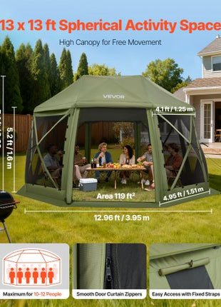 Pop up Gazebo Screen Tent, 13 x 13 ft, 13-Sided Spherical Camping Canopy Tent with Removable Top & Carry Bag, Quick-Set & Bite-Proof, Screen House Sun Shelter for 10-12 Persons, Green