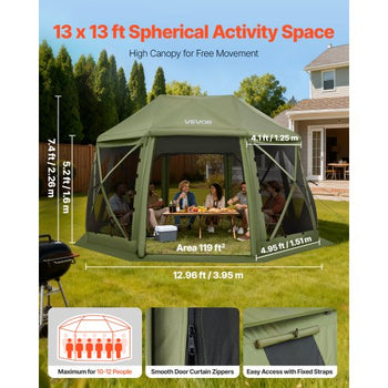 Pop up Gazebo Screen Tent, 13 x 13 ft, 13-Sided Spherical Camping Canopy Tent with Removable Top & Carry Bag, Quick-Set & Bite-Proof, Screen House Sun Shelter for 10-12 Persons, Green