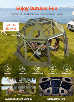 Pop up Gazebo Screen Tent, 13 x 13 ft, 13-Sided Spherical Camping Canopy Tent with Removable Top & Carry Bag, Quick-Set & Bite-Proof, Screen House Sun Shelter for 10-12 Persons, Green