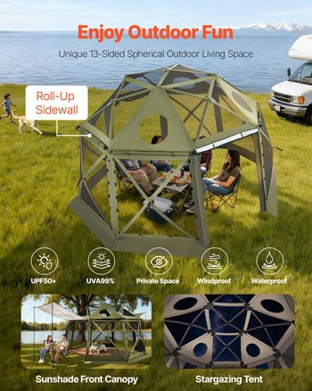 Pop up Gazebo Screen Tent, 13 x 13 ft, 13-Sided Spherical Camping Canopy Tent with Removable Top & Carry Bag, Quick-Set & Bite-Proof, Screen House Sun Shelter for 10-12 Persons, Green