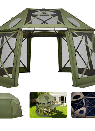 Pop up Gazebo Screen Tent, 13 x 13 ft, 13-Sided Spherical Camping Canopy Tent with Removable Top & Carry Bag, Quick-Set & Bite-Proof, Screen House Sun Shelter for 10-12 Persons, Green