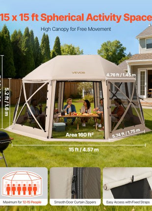 Pop up Gazebo Screen Tent, 15 x 15 ft, 13-Sided Spherical Camping Canopy Tent with Removable Top & Carry Bag, Quick-Set & Bite-Proof, Screen House Sun Shelter for 12-15 Persons, Beige