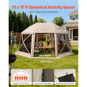 Pop up Gazebo Screen Tent, 15 x 15 ft, 13-Sided Spherical Camping Canopy Tent with Removable Top & Carry Bag, Quick-Set & Bite-Proof, Screen House Sun Shelter for 12-15 Persons, Beige