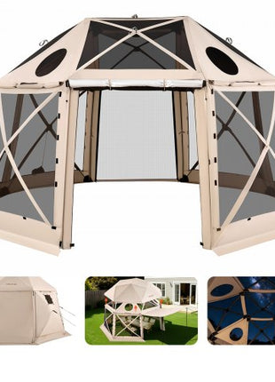 Pop up Gazebo Screen Tent, 15 x 15 ft, 13-Sided Spherical Camping Canopy Tent with Removable Top & Carry Bag, Quick-Set & Bite-Proof, Screen House Sun Shelter for 12-15 Persons, Beige