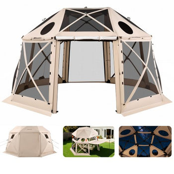 Pop up Gazebo Screen Tent, 15 x 15 ft, 13-Sided Spherical Camping Canopy Tent with Removable Top & Carry Bag, Quick-Set & Bite-Proof, Screen House Sun Shelter for 12-15 Persons, Beige