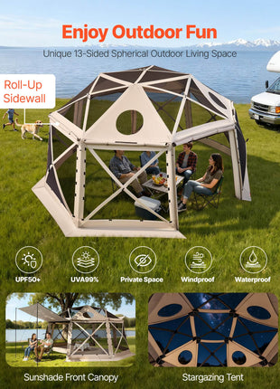 Pop up Gazebo Screen Tent, 15 x 15 ft, 13-Sided Spherical Camping Canopy Tent with Removable Top & Carry Bag, Quick-Set & Bite-Proof, Screen House Sun Shelter for 12-15 Persons, Beige