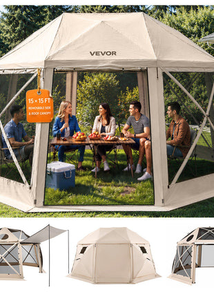Pop up Gazebo Screen Tent, 15 x 15 ft, 13-Sided Spherical Camping Canopy Tent with Removable Top & Carry Bag, Quick-Set & Bite-Proof, Screen House Sun Shelter for 12-15 Persons, Beige