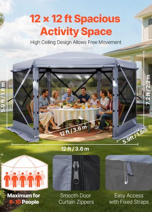 Pop up Gazebo Screen Tent, 12 x 12 ft Large 6-Sided Camping Canopy Tent with Removable Top & Carry Bag, Quick-Set & Bite-Proof, Screen House Sun Shelter for 8-10 Persons Backyard Patio, Grey
