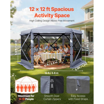 Pop up Gazebo Screen Tent, 12 x 12 ft Large 6-Sided Camping Canopy Tent with Removable Top & Carry Bag, Quick-Set & Bite-Proof, Screen House Sun Shelter for 8-10 Persons Backyard Patio, Grey