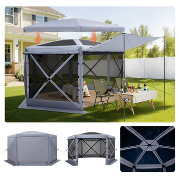 Pop up Gazebo Screen Tent, 12 x 12 ft Large 6-Sided Camping Canopy Tent with Removable Top & Carry Bag, Quick-Set & Bite-Proof, Screen House Sun Shelter for 8-10 Persons Backyard Patio, Grey
