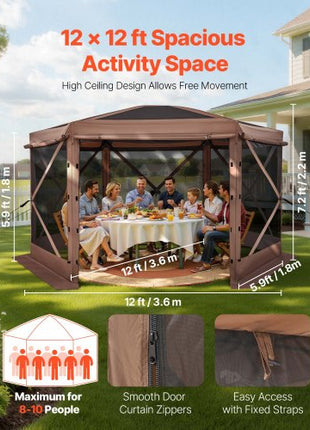 Pop up Gazebo Screen Tent, 12 x 12 ft Large 6-Sided Camping Canopy Tent with Removable Top & Carry Bag, Quick-Set & Bite-Proof, Screen House Sun Shelter for 8-10 Persons Backyard Patio, Brown