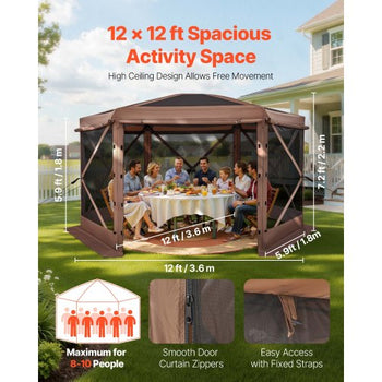 Pop up Gazebo Screen Tent, 12 x 12 ft Large 6-Sided Camping Canopy Tent with Removable Top & Carry Bag, Quick-Set & Bite-Proof, Screen House Sun Shelter for 8-10 Persons Backyard Patio, Brown