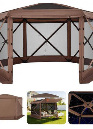Pop up Gazebo Screen Tent, 12 x 12 ft Large 6-Sided Camping Canopy Tent with Removable Top & Carry Bag, Quick-Set & Bite-Proof, Screen House Sun Shelter for 8-10 Persons Backyard Patio, Brown