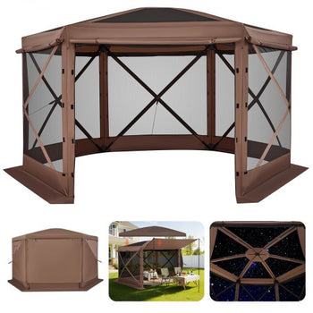 Pop up Gazebo Screen Tent, 12 x 12 ft Large 6-Sided Camping Canopy Tent with Removable Top & Carry Bag, Quick-Set & Bite-Proof, Screen House Sun Shelter for 8-10 Persons Backyard Patio, Brown