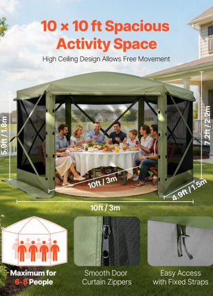 Pop up Gazebo Screen Tent, 10 x 10 ft Large 6-Sided Camping Canopy Tent with Removable Top & Carry Bag, Quick-Set & Bite-Proof, Screen House Sun Shelter for 6-8 Persons Backyard Patio, Green