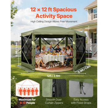 Pop up Gazebo Screen Tent, 12 x 12 ft Large 6-Sided Camping Canopy Tent with Removable Top & Carry Bag, Quick-Set & Bite-Proof, Screen House Sun Shelter for 8-10 Persons Backyard Patio, Green