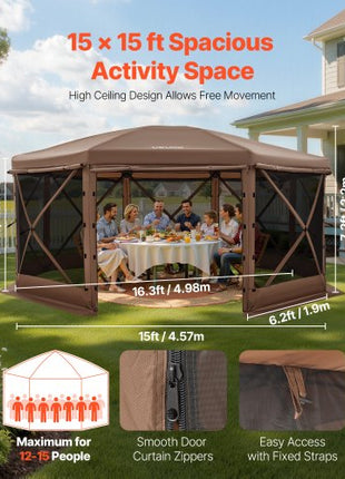 Pop up Gazebo Screen Tent, 15 x 15 ft Large 8-Sided Camping Canopy Tent with Removable Top & Carry Bag, Quick-Set & Bite-Proof, Screen House Sun Shelter for 12-15 Persons Backyard Patio, Brown