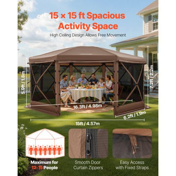 Pop up Gazebo Screen Tent, 15 x 15 ft Large 8-Sided Camping Canopy Tent with Removable Top & Carry Bag, Quick-Set & Bite-Proof, Screen House Sun Shelter for 12-15 Persons Backyard Patio, Brown
