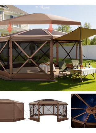 Pop up Gazebo Screen Tent, 15 x 15 ft Large 8-Sided Camping Canopy Tent with Removable Top & Carry Bag, Quick-Set & Bite-Proof, Screen House Sun Shelter for 12-15 Persons Backyard Patio, Brown