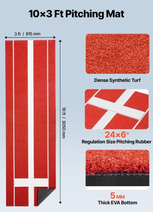 Softball Pitching Mat, 10x3 ft Baseball Pitching Rubber Mound, Antifade Turf and Antislip Foam Backing Portable Training Aid, Fastpitch Equipment for Pitchers Indoor Outdoor Practice, Red