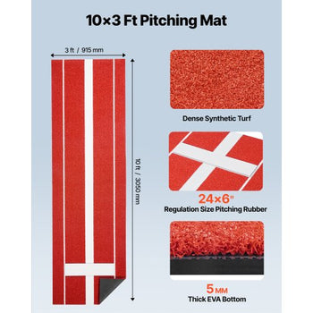 Softball Pitching Mat, 10x3 ft Baseball Pitching Rubber Mound, Antifade Turf and Antislip Foam Backing Portable Training Aid, Fastpitch Equipment for Pitchers Indoor Outdoor Practice, Red