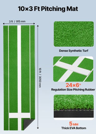 Softball Pitching Mat, 10x3 ft Baseball Pitching Rubber Mound, Antifade Turf and Antislip Foam Backing Portable Training Aid, Fastpitch Equipment for Pitchers Indoor Outdoor Practice, Green