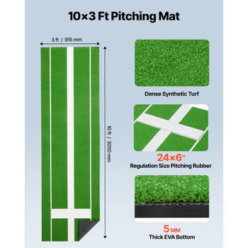Softball Pitching Mat, 10x3 ft Baseball Pitching Rubber Mound, Antifade Turf and Antislip Foam Backing Portable Training Aid, Fastpitch Equipment for Pitchers Indoor Outdoor Practice, Green