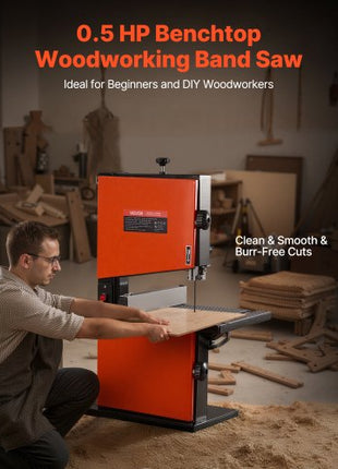 Band Saw, 9-Inch, Woodworking Benchtop Bandsaw with 1/2 HP Motor, 3.5-Inch Max Cutting Height, 11.8 x 11.8 in Cast Aluminum Table, 0-45° Tilting Range, with Miter Gauge, Fence, for Woodworking