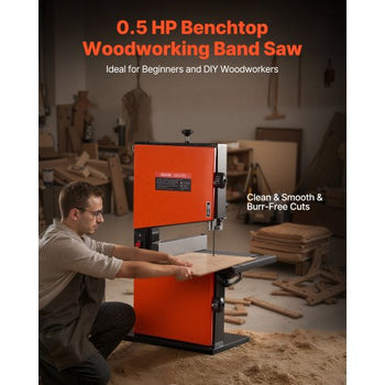 Band Saw, 9-Inch, Woodworking Benchtop Bandsaw with 1/2 HP Motor, 3.5-Inch Max Cutting Height, 11.8 x 11.8 in Cast Aluminum Table, 0-45° Tilting Range, with Miter Gauge, Fence, for Woodworking