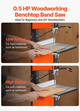 Band Saw, 10-Inch, Two-Speed Benchtop Bandsaw with 373W 1/2 HP Motor, 6 in Max Cutting Height, 13.2 x 13.4 in Cast Iron Table, with 360° Work Light, Miter Gauge, Fence, Band Saw for Woodworking