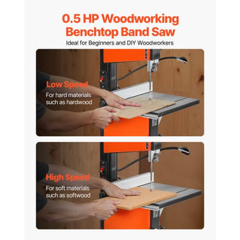 Band Saw, 10-Inch, Two-Speed Benchtop Bandsaw with 373W 1/2 HP Motor, 6 in Max Cutting Height, 13.2 x 13.4 in Cast Iron Table, with 360° Work Light, Miter Gauge, Fence, Band Saw for Woodworking