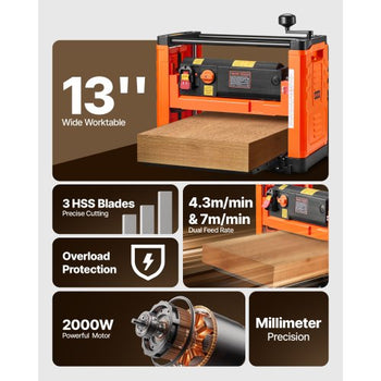 Thickness Planer, Two Speed, 13-Inch Width Worktable Power Benchtop Planer, Three-Blade, 2000W 23500 RPM Powerful Motor, Dual Rollers, Over Protection, Woodworking for Hard & Soft Wood Material