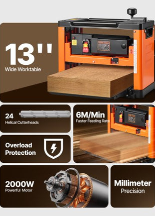 Thickness Planer, 13-Inch Width Worktable, Woodworking Power Benchtop Planer, Spiral-Style Cutterhead with 24 Inserts, 2000W 23500 RPM Powerful Motor, Single Speed, for Hard & Soft Wood Material