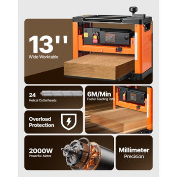 Thickness Planer, 13-Inch Width Worktable, Woodworking Power Benchtop Planer, Spiral-Style Cutterhead with 24 Inserts, 2000W 23500 RPM Powerful Motor, Single Speed, for Hard & Soft Wood Material