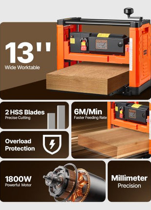 Thickness Planer, Two-Blade, 13-Inch Width Worktable Power Benchtop Planer, 1800W 23500 RPM Powerful Motor, Dual Rollers, Over Protection, Single Speed Woodworking, for Hard & Soft Wood Material